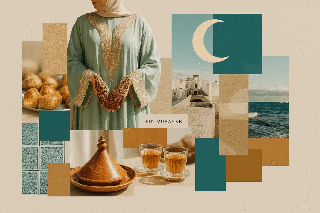 Collage con elementos típicos del Eid en Marruecos: mujer con caftán y henna, dulces tradicionales, tajine, té marroquí, arquitectura blanca junto al mar y luna creciente dorada.