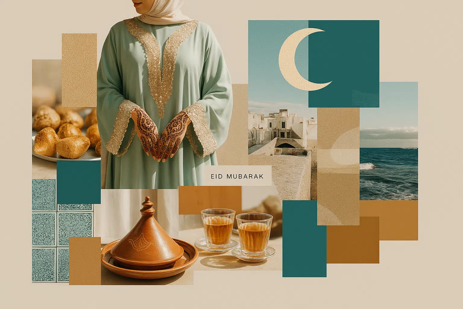 Collage con elementos típicos del Eid en Marruecos: mujer con caftán y henna, dulces tradicionales, tajine, té marroquí, arquitectura blanca junto al mar y luna creciente dorada.