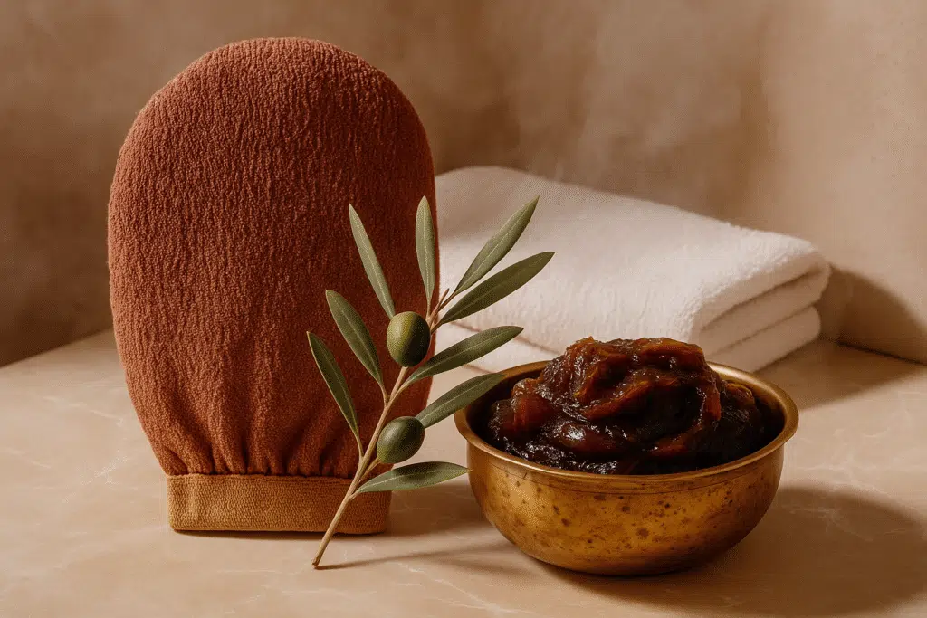 Guante exfoliante kessa junto a jabón beldi en un cuenco dorado, con rama de olivo, evocando el ambiente cálido y tradicional de un hammam marroquí