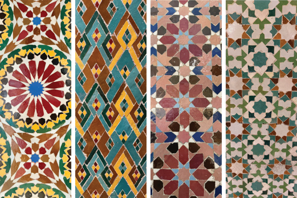 Detalles de mosaicos zellige tradicionales con patrones geométricos y colores vivos en marruecos