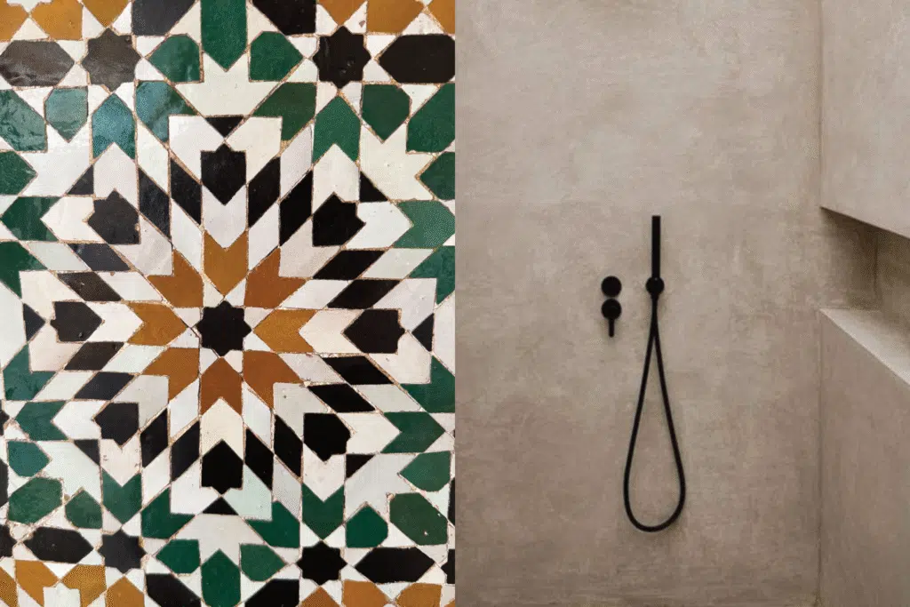 Collage de zellige tradicional marroquí en tonos verdes, negros y ocres junto a una ducha moderna revestida en tadelakt beige