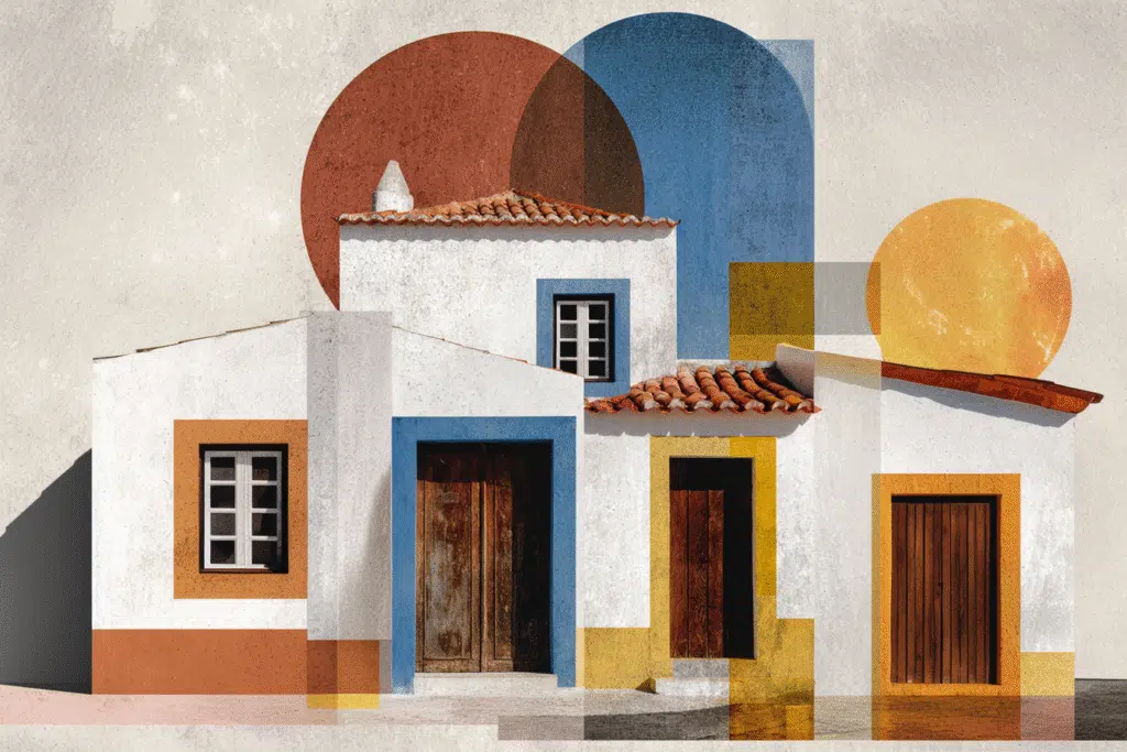 Casas blancas del Alentejo con detalles azules, amarillos y tejados de terracota en Portugal