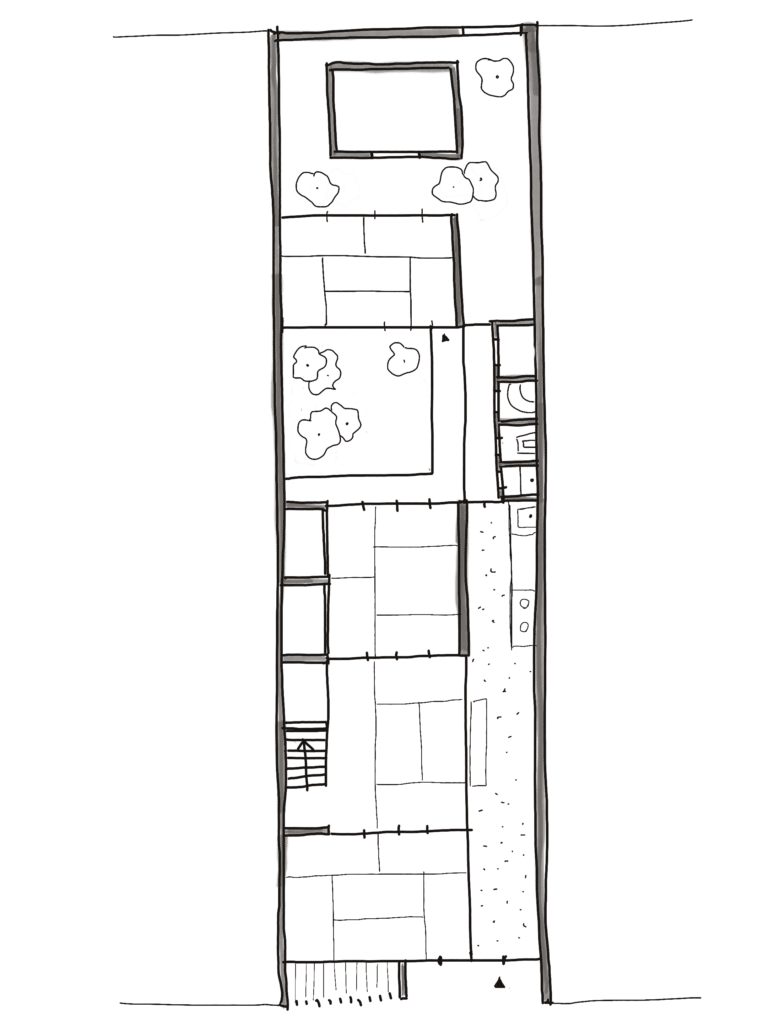 Plano de planta de una machiya que muestra las habitaciones, el pasillo lateral y los patios interiores.